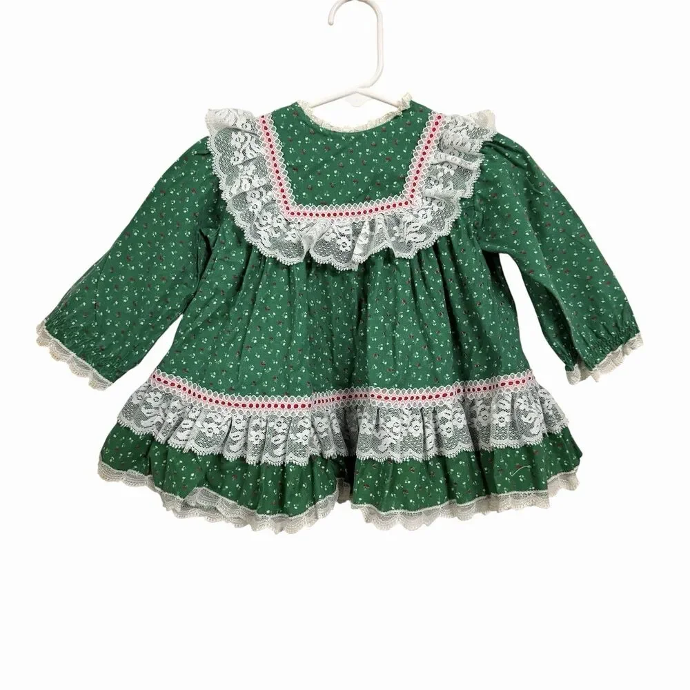 Bryan Baby Girl Sz 18 Months Green Full Circle Party Dress Lace Ruffles VTG USA